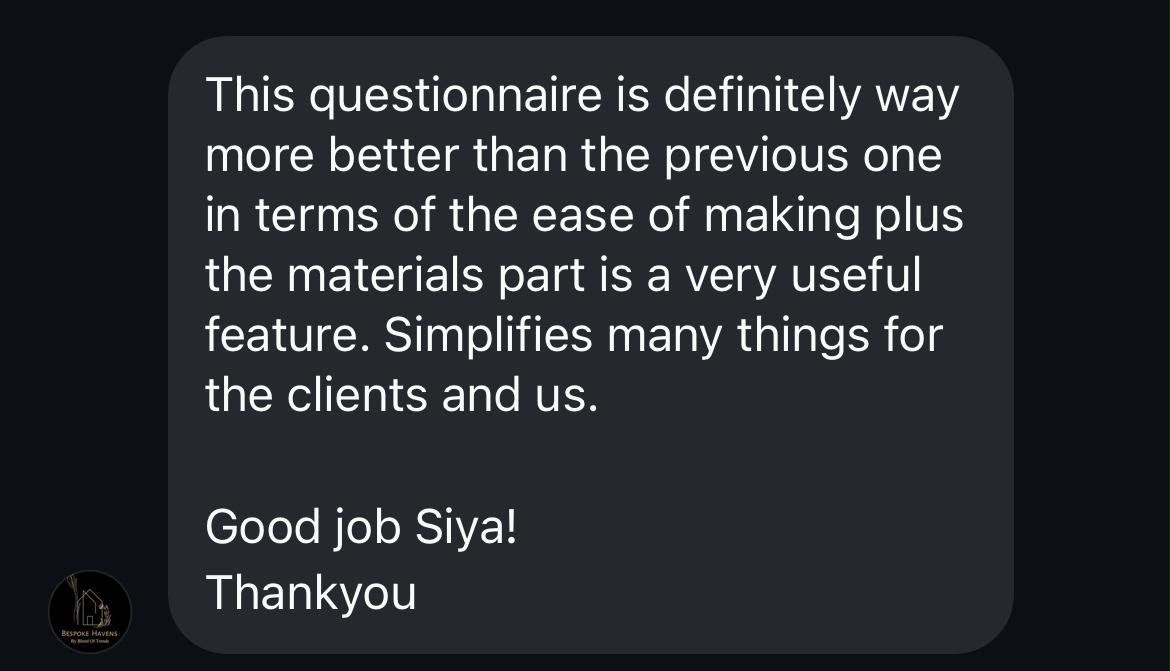 Client message about the questionnaire