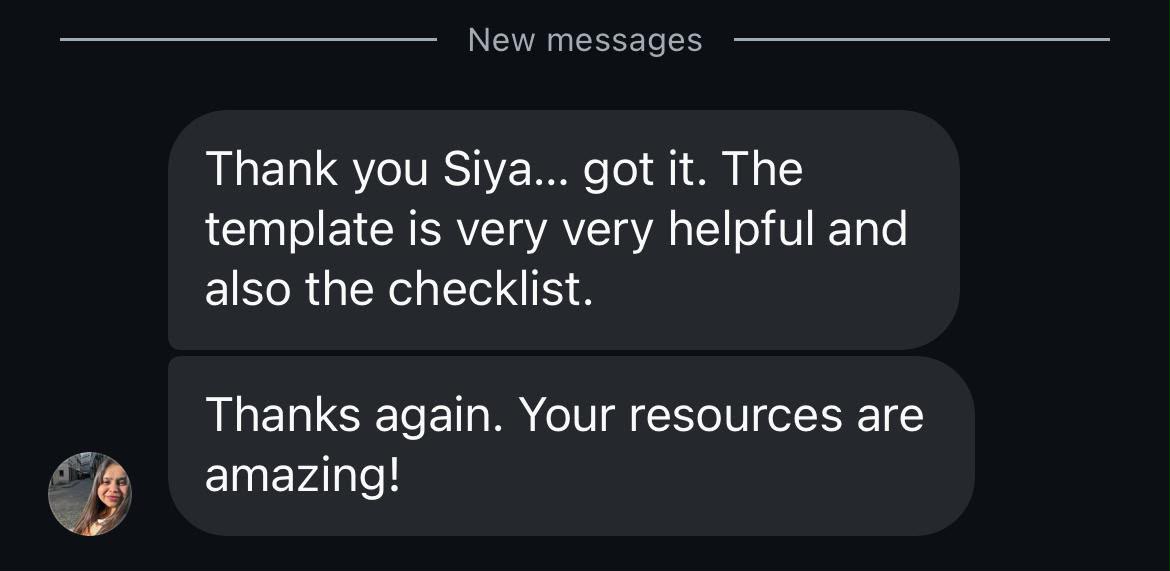 Client message thanking Siya for the template and checklist